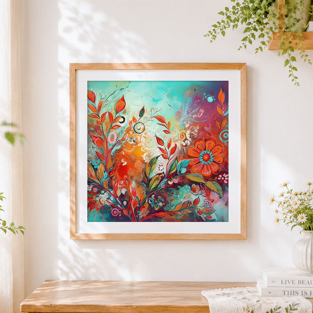 Finished abstract colourful floral swirls cross stitch artwork displayed
