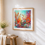 Abstract colourful floral swirls cross stitch artwork displayed on wall as home decor