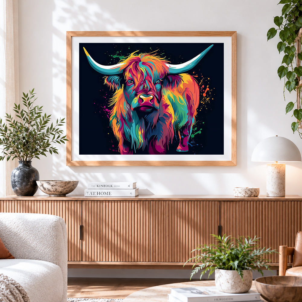 Finished abstract colourful highland cow cross stitch artwork displayed
