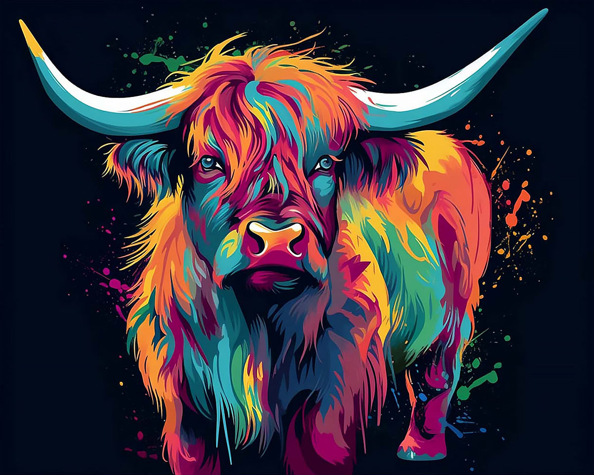Abstract colourful highland cow cross stitch kit for beginners