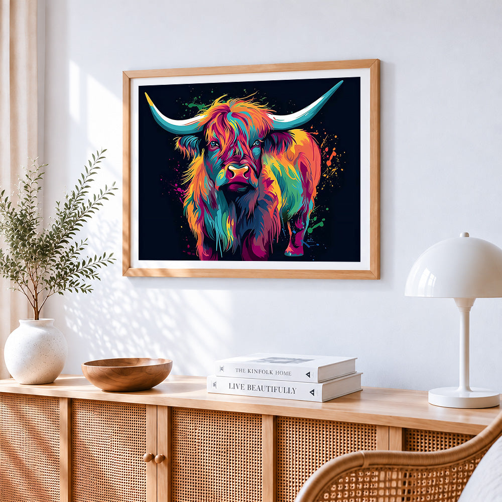 Abstract colourful highland cow cross stitch artwork displayed on wall as home decor