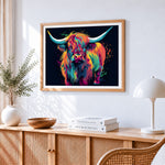 Abstract colourful highland cow cross stitch artwork displayed on wall as home decor