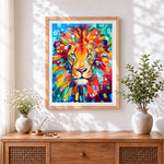 Finished abstract colourful lion cross stitch artwork displayed