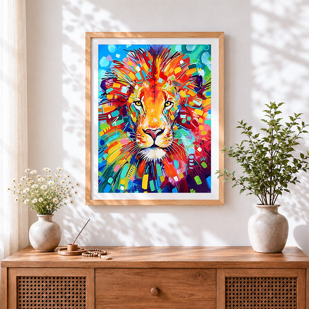 Finished abstract colourful lion cross stitch artwork displayed
