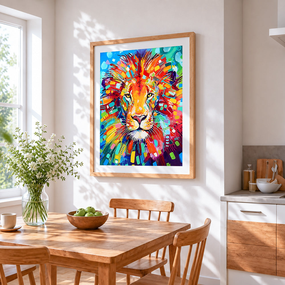Abstract colourful lion cross stitch artwork displayed on wall as home decor