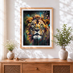 Finished abstract colourful lion face cross stitch artwork displayed