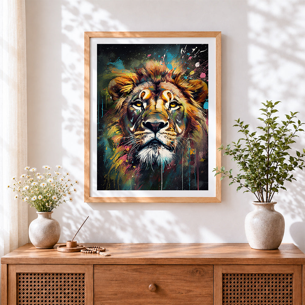 Finished abstract colourful lion face cross stitch artwork displayed