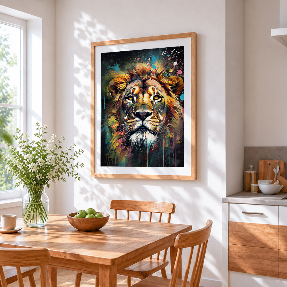 Abstract colourful lion face cross stitch artwork displayed on wall as home decor