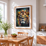 Abstract colourful lion face cross stitch artwork displayed on wall as home decor
