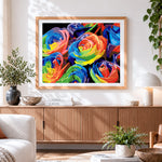 Finished abstract colourful roses cross stitch artwork displayed