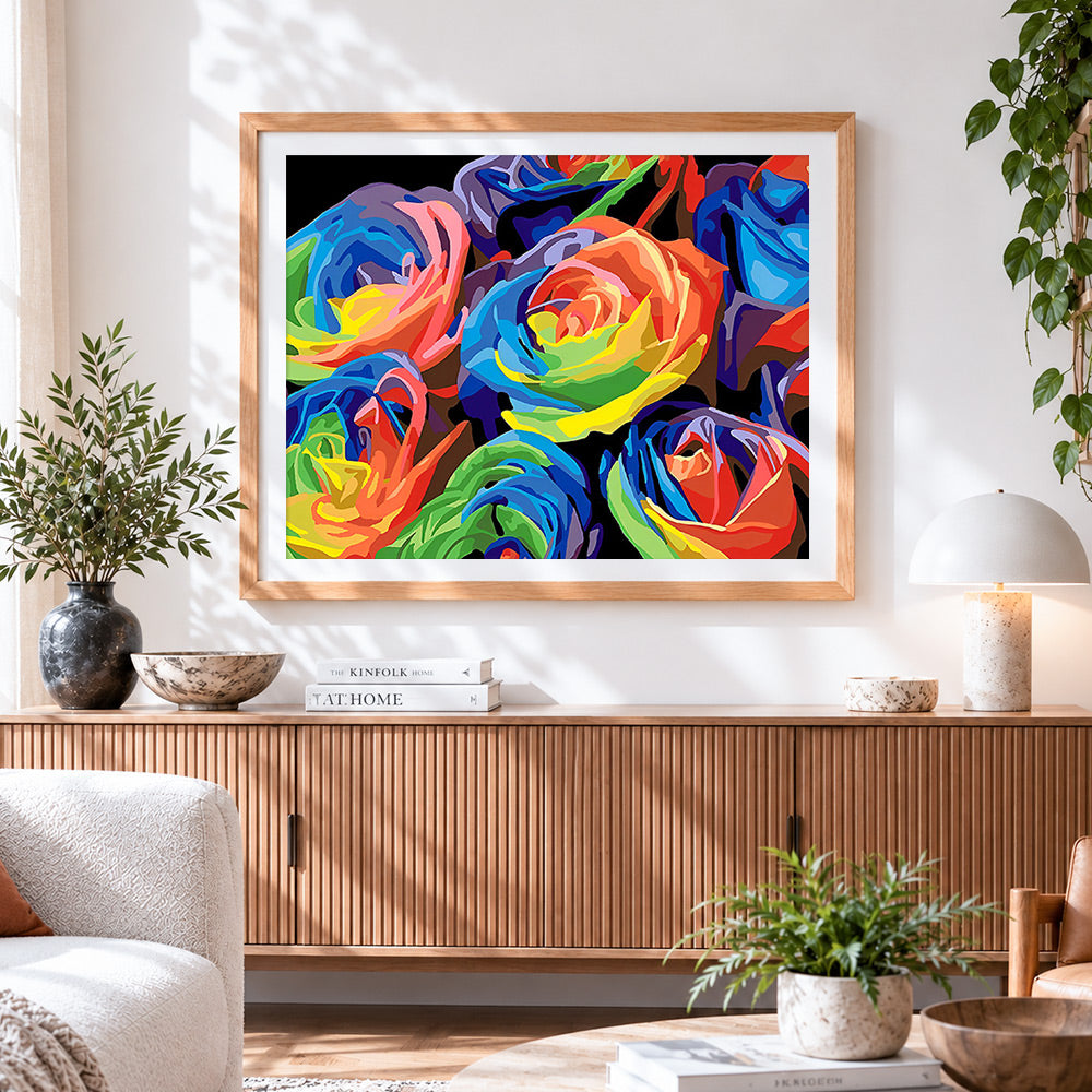 Finished abstract colourful roses cross stitch artwork displayed