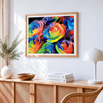 Abstract colourful roses paint by numbers artwork displayed on wall as home decor