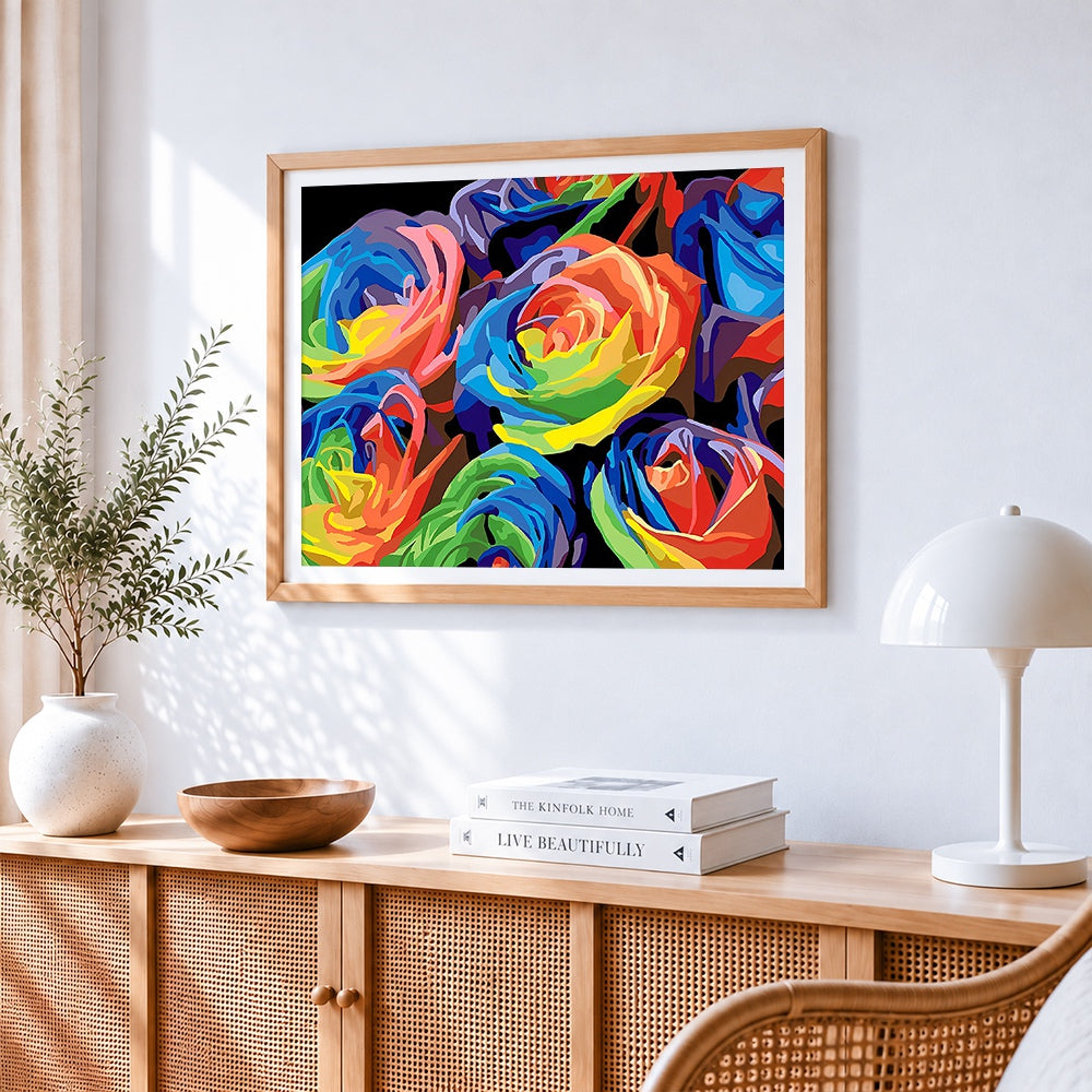 Abstract colourful roses paint by numbers artwork displayed on wall as home decor