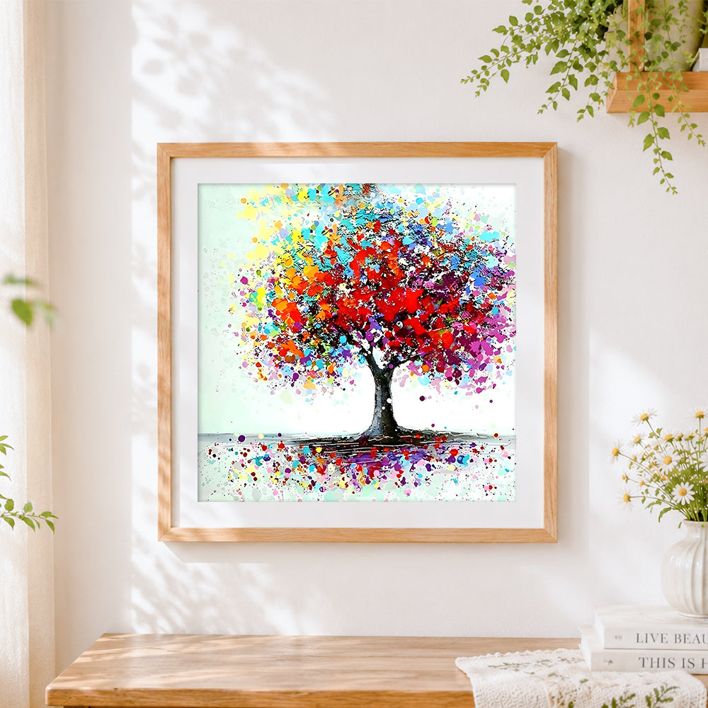 Finished abstract colourful splatter tree paint by numbers artwork displayed as home decor