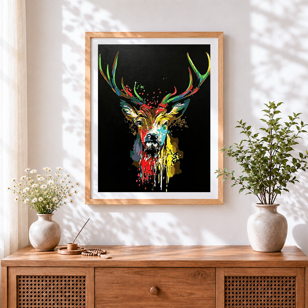 Finished abstract colourful stag head in the dark paint by numbers artwork displayed as home decor