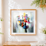 Finished Abstract colourful umbrellas in the rain cross stitch artwork displayed