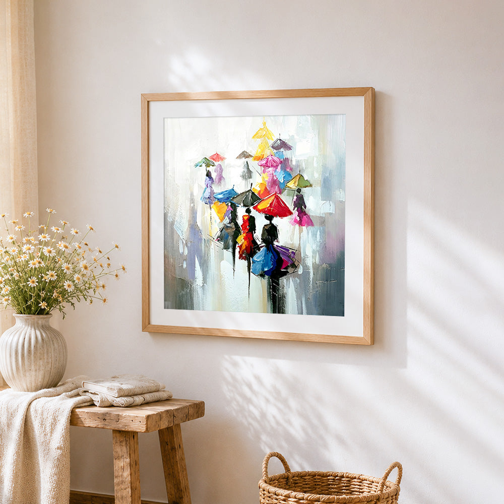 Abstract colourful umbrellas in the rain paint by numbers artwork displayed on wall as home decor