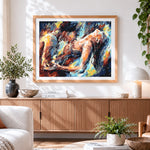 Finished abstract couple embracing cross stitch artwork displayed