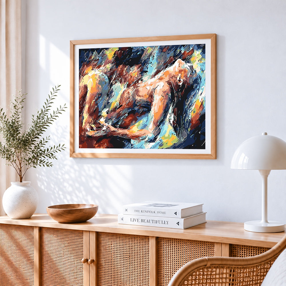 Abstract couple embracing cross stitch artwork displayed on wall as home decor