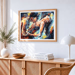Abstract couple embracing cross stitch artwork displayed on wall as home decor