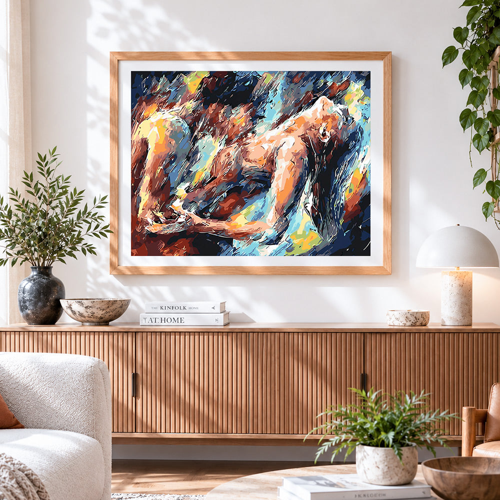 Finished abstract couple embracing paint by numbers artwork displayed as home decor