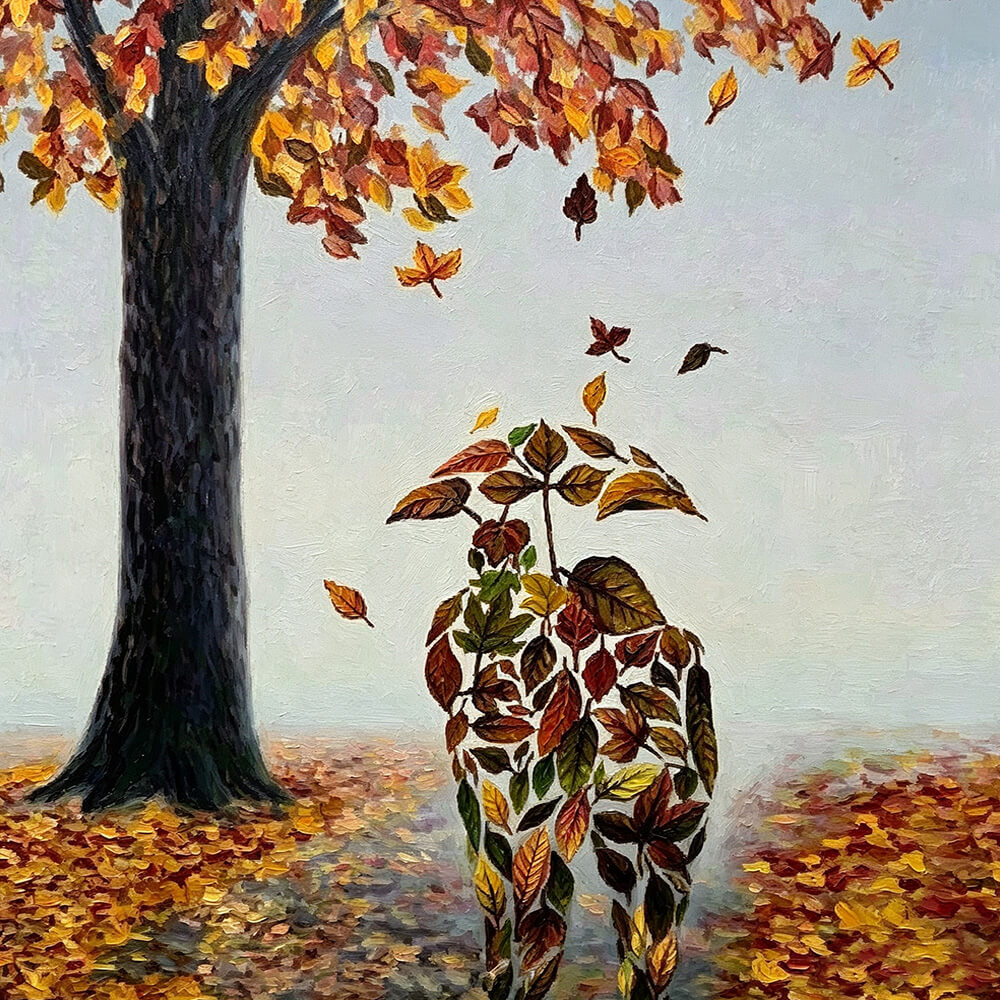 Abstract couple made of autumn leaves cross stitch kit for beginners