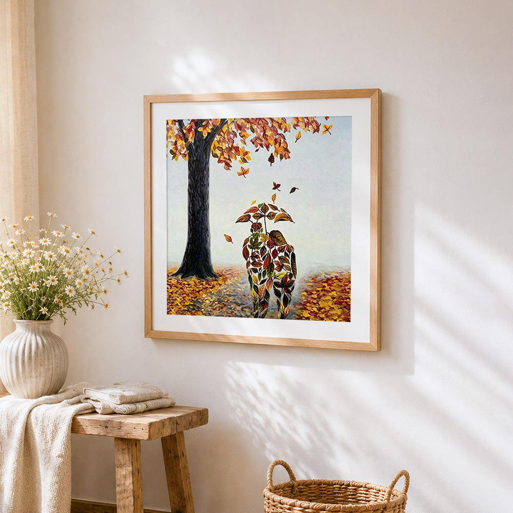 Abstract couple made of autumn leaves cross stitch artwork displayed on wall as home decor