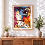 Finished abstract cubist figure cross stitch artwork displayed