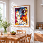 Abstract cubist figure cross stitch artwork displayed on wall as home decor