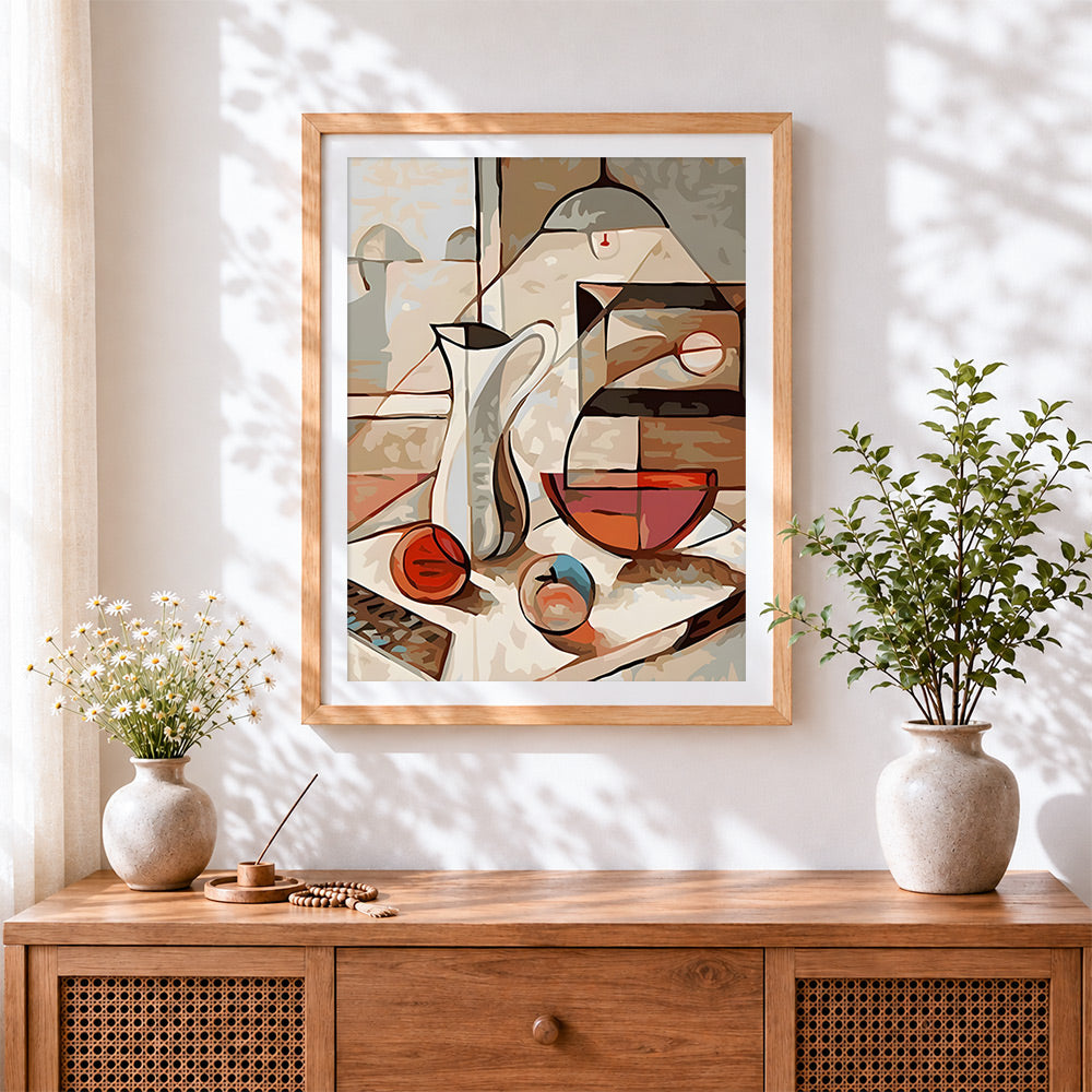 Finished abstract cubist still life cross stitch artwork displayed