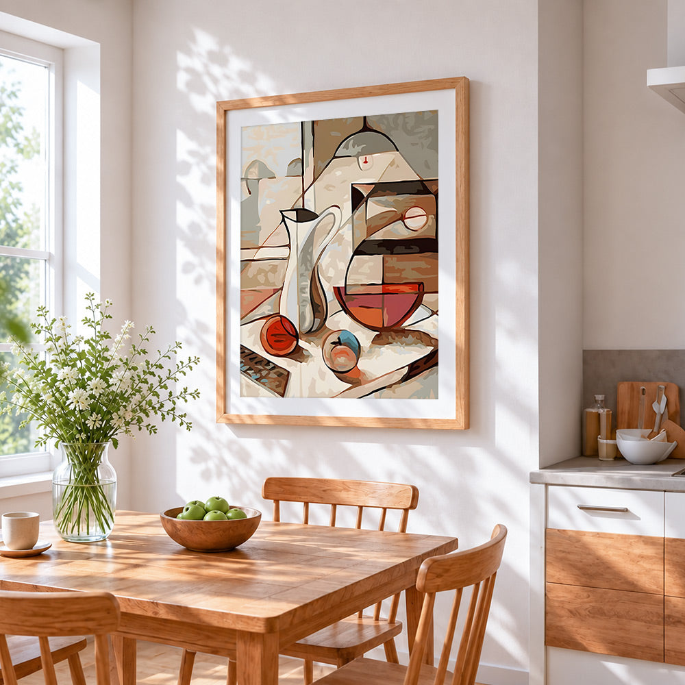 Abstract cubist still life cross stitch artwork displayed on wall as home decor