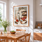 Abstract cubist still life cross stitch artwork displayed on wall as home decor