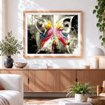 Finished abstract dancers in yellow and pink paint by numbers artwork displayed as home decor