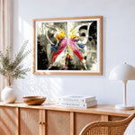 Abstract dancers in yellow and pink paint by numbers artwork displayed on wall as home decor