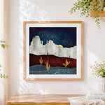 Finished abstract desert and starry sky cross stitch artwork displayed
