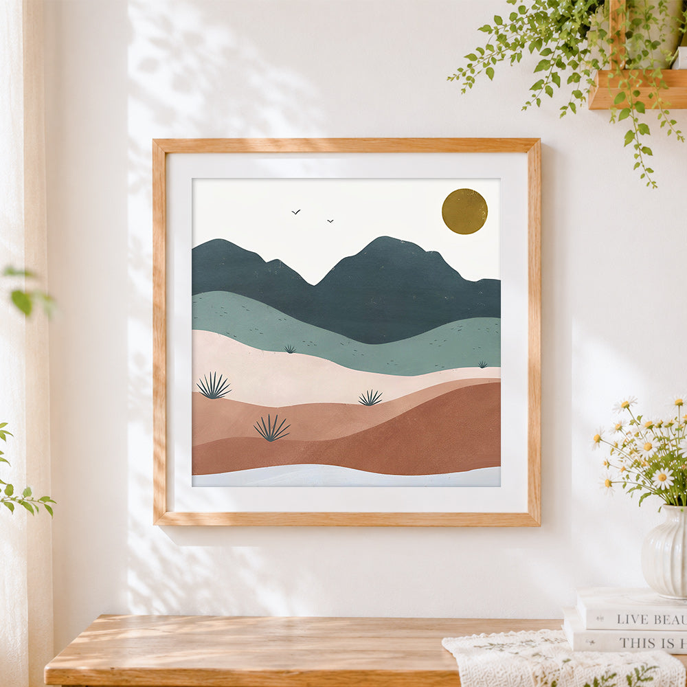 Finished abstract desert hills cross stitch artwork displayed