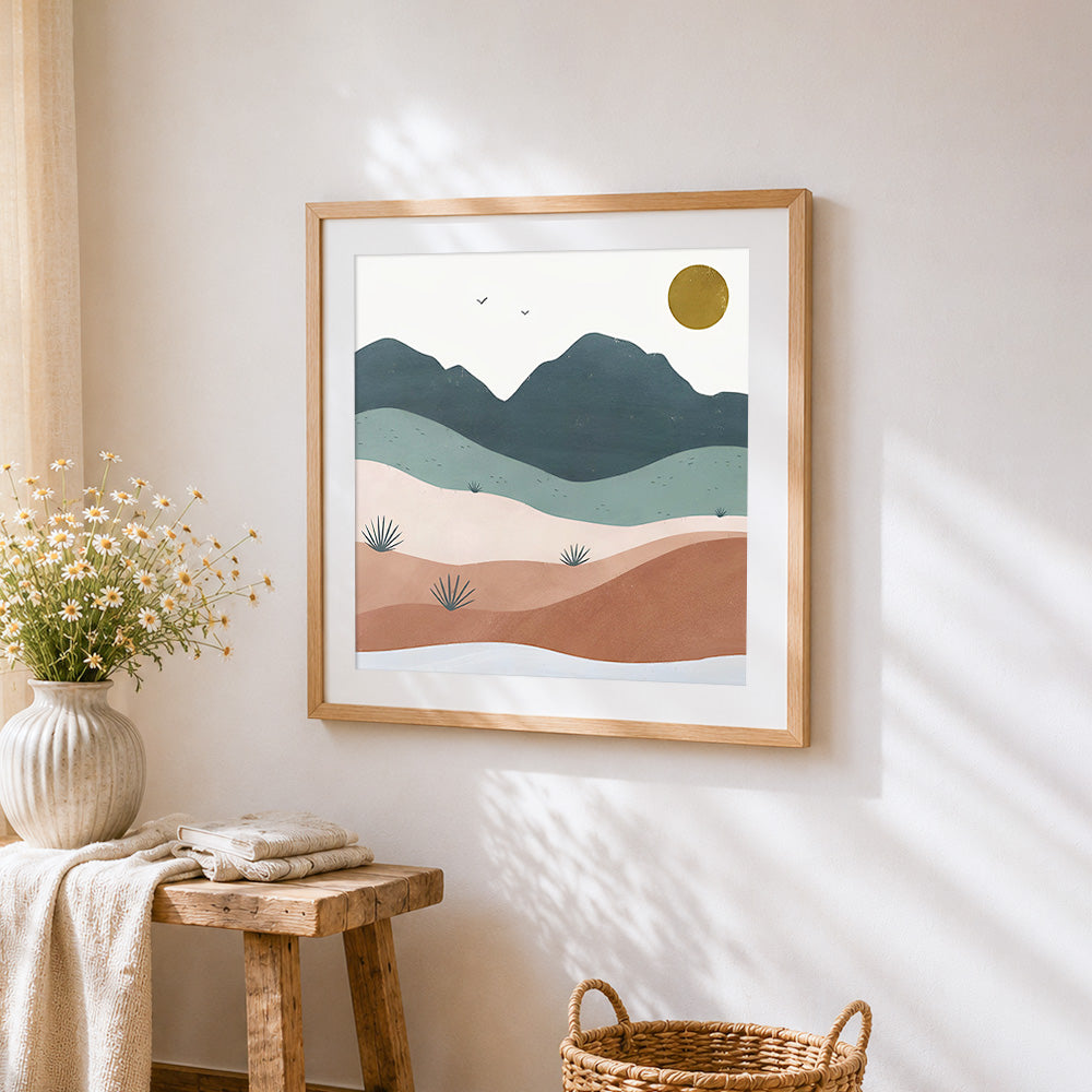 Abstract desert hills cross stitch artwork displayed on wall as home decor