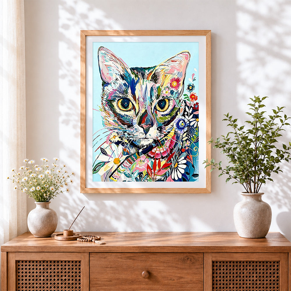 Finished abstract floral cat cross stitch artwork displayed