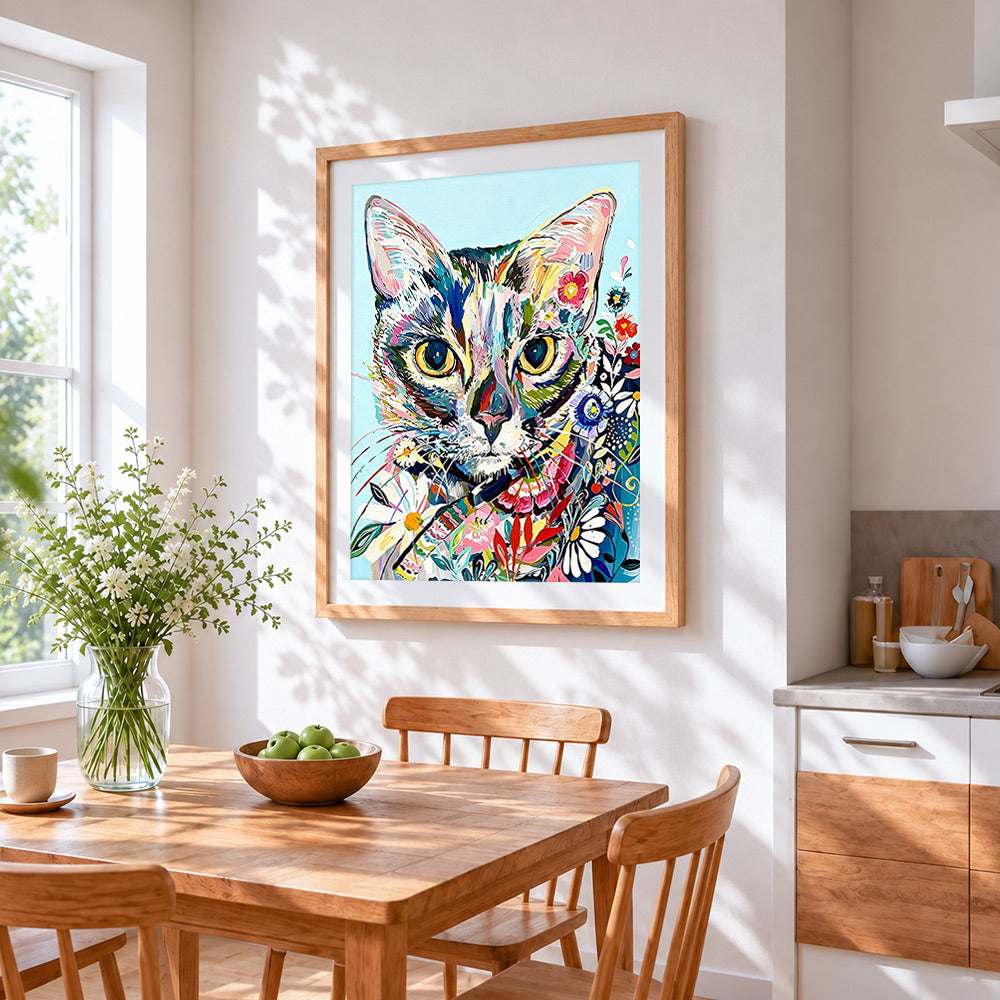 Abstract floral cat cross stitch artwork displayed on wall as home decor