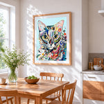 Abstract floral cat cross stitch artwork displayed on wall as home decor