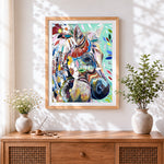 Finished abstract floral horse cross stitch artwork displayed