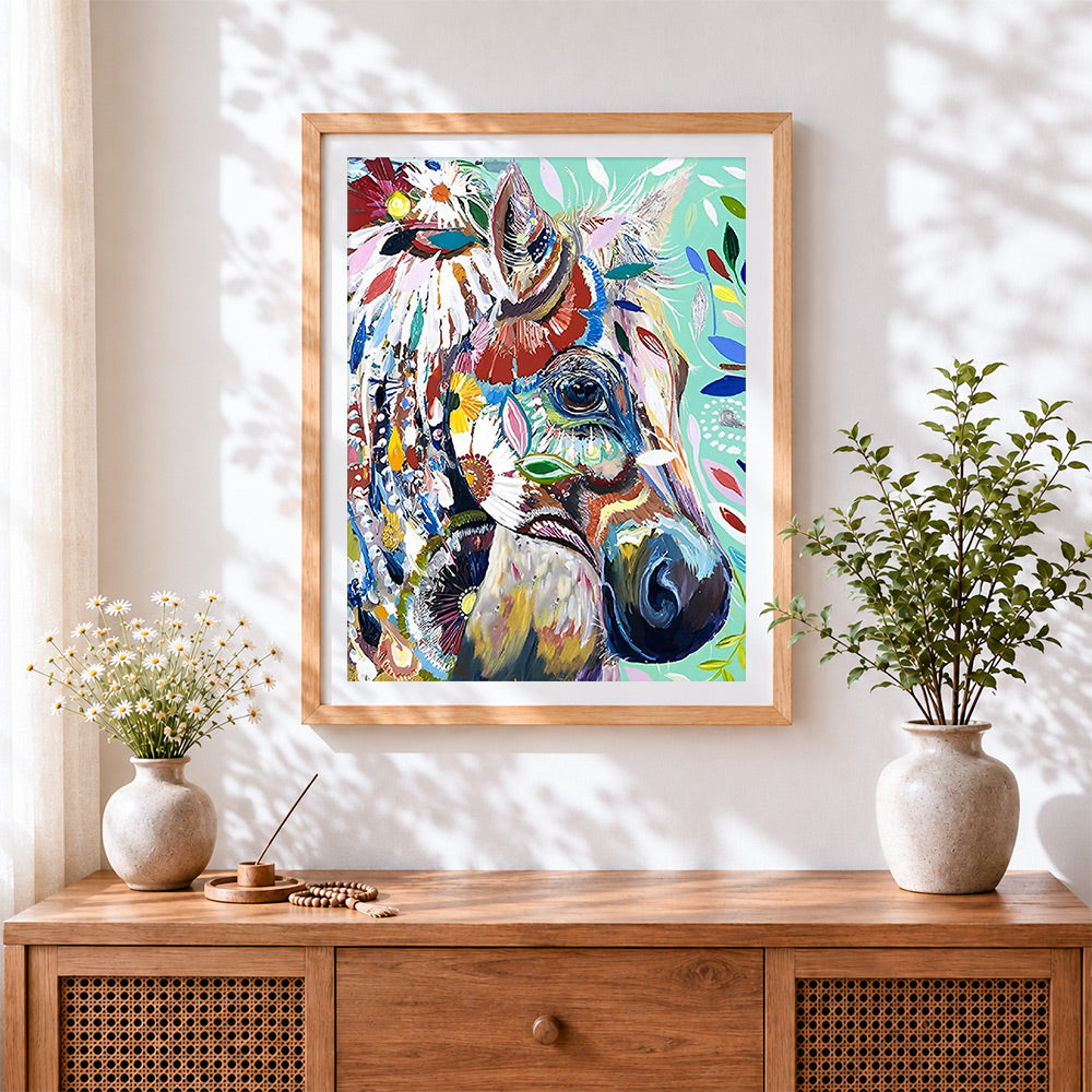 Finished abstract floral horse cross stitch artwork displayed