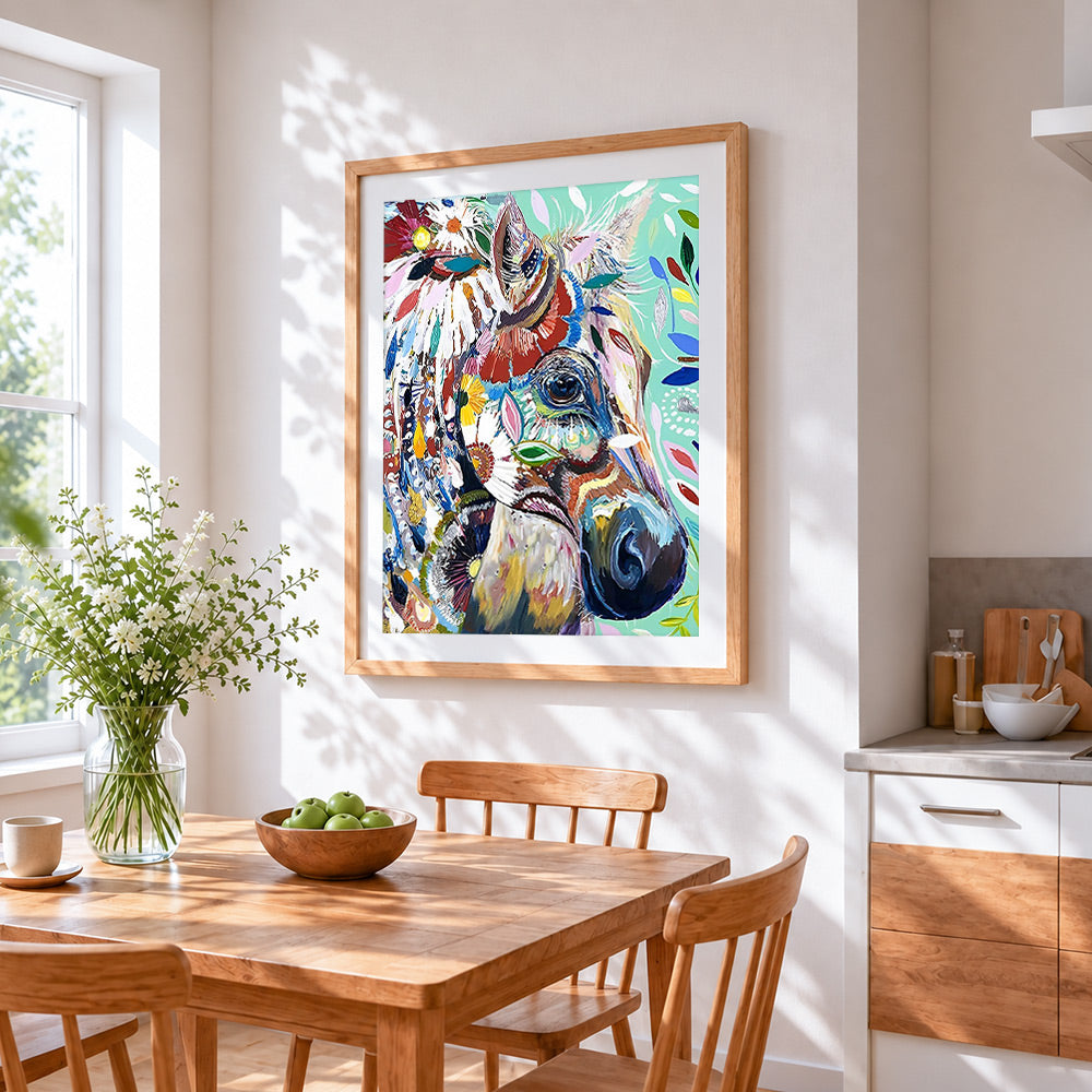 Abstract floral horse cross stitch artwork displayed on wall as home decor