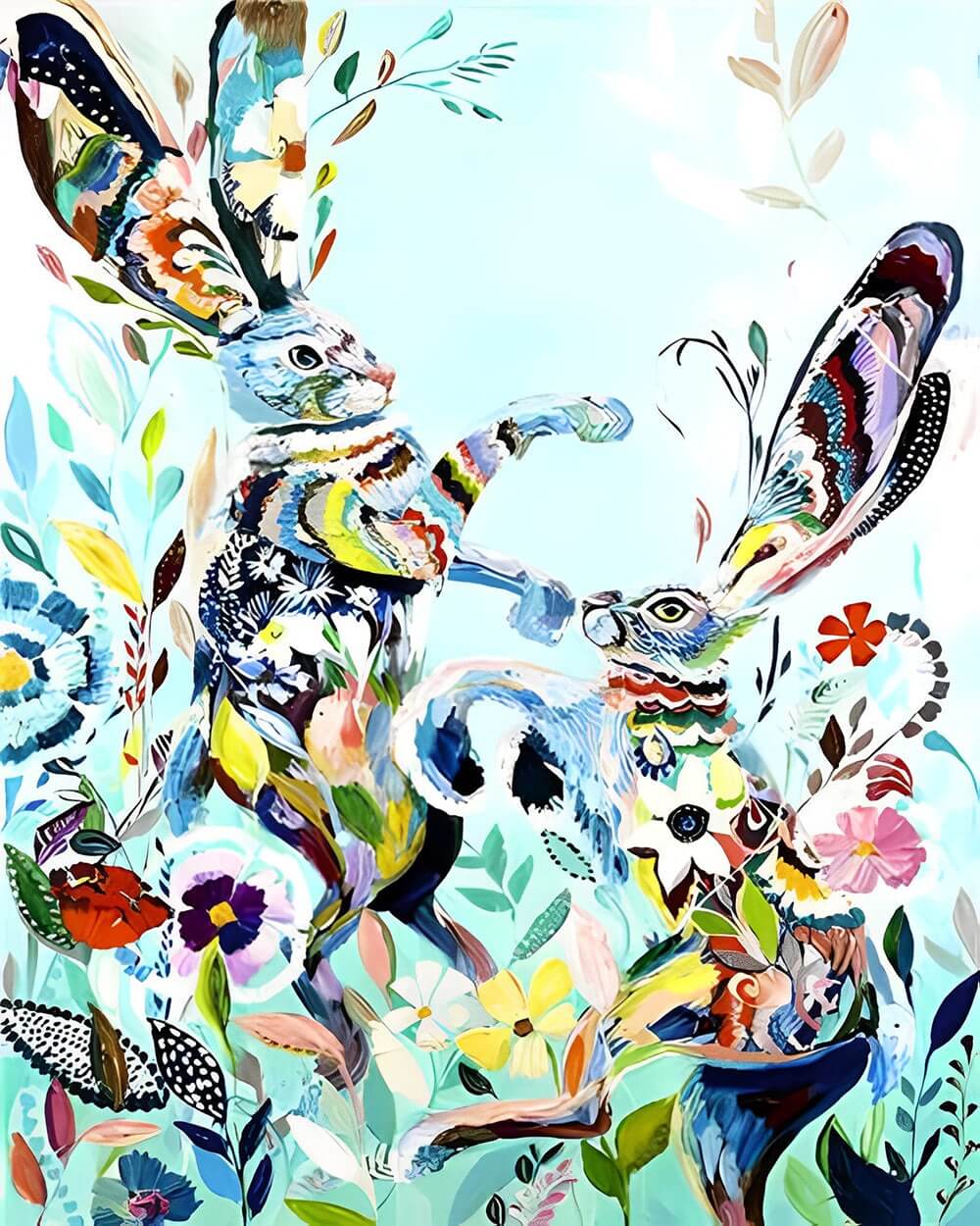 Abstract floral rabbits cross stitch kit for beginners
