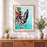 Finished abstract floral rooster cross stitch artwork displayed
