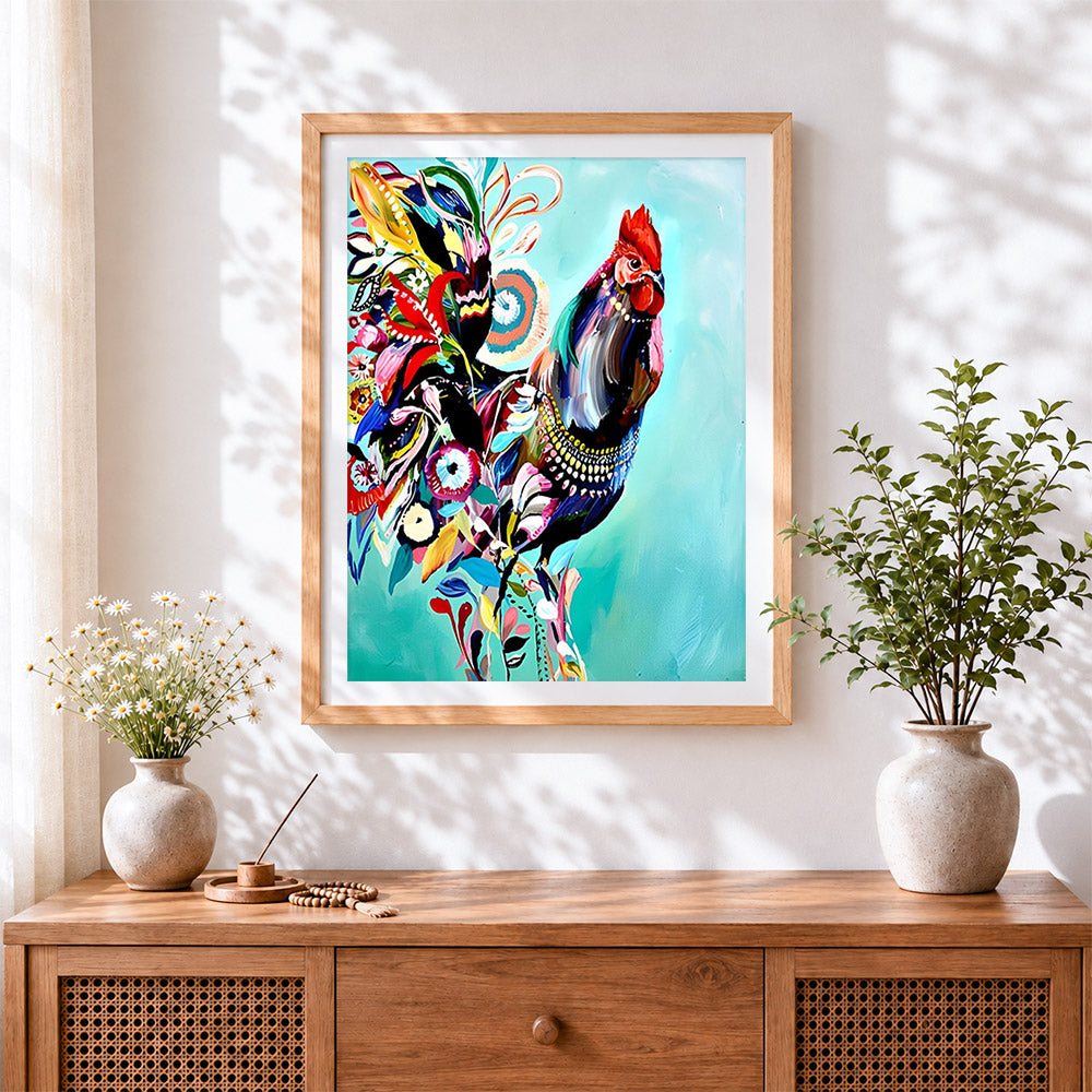 Finished abstract floral rooster cross stitch artwork displayed