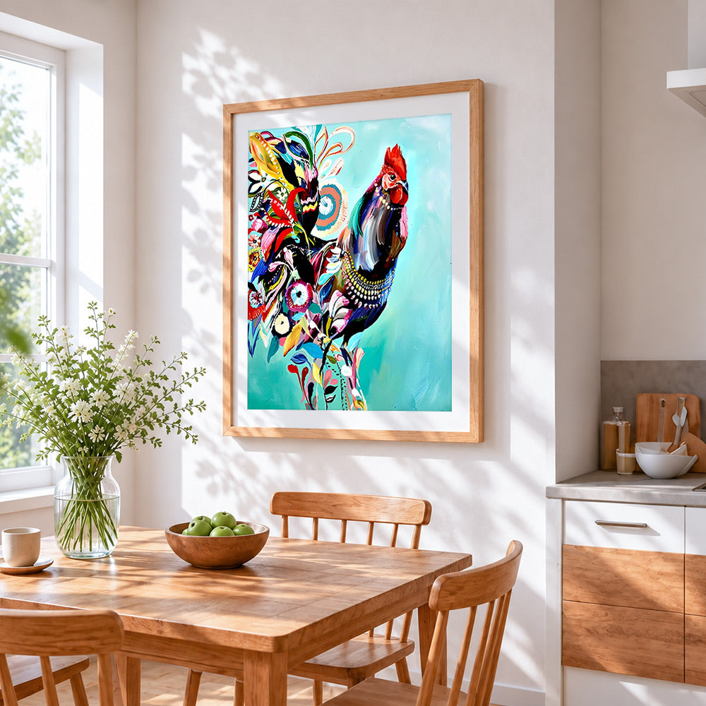Abstract floral rooster cross stitch artwork displayed on wall as home decor