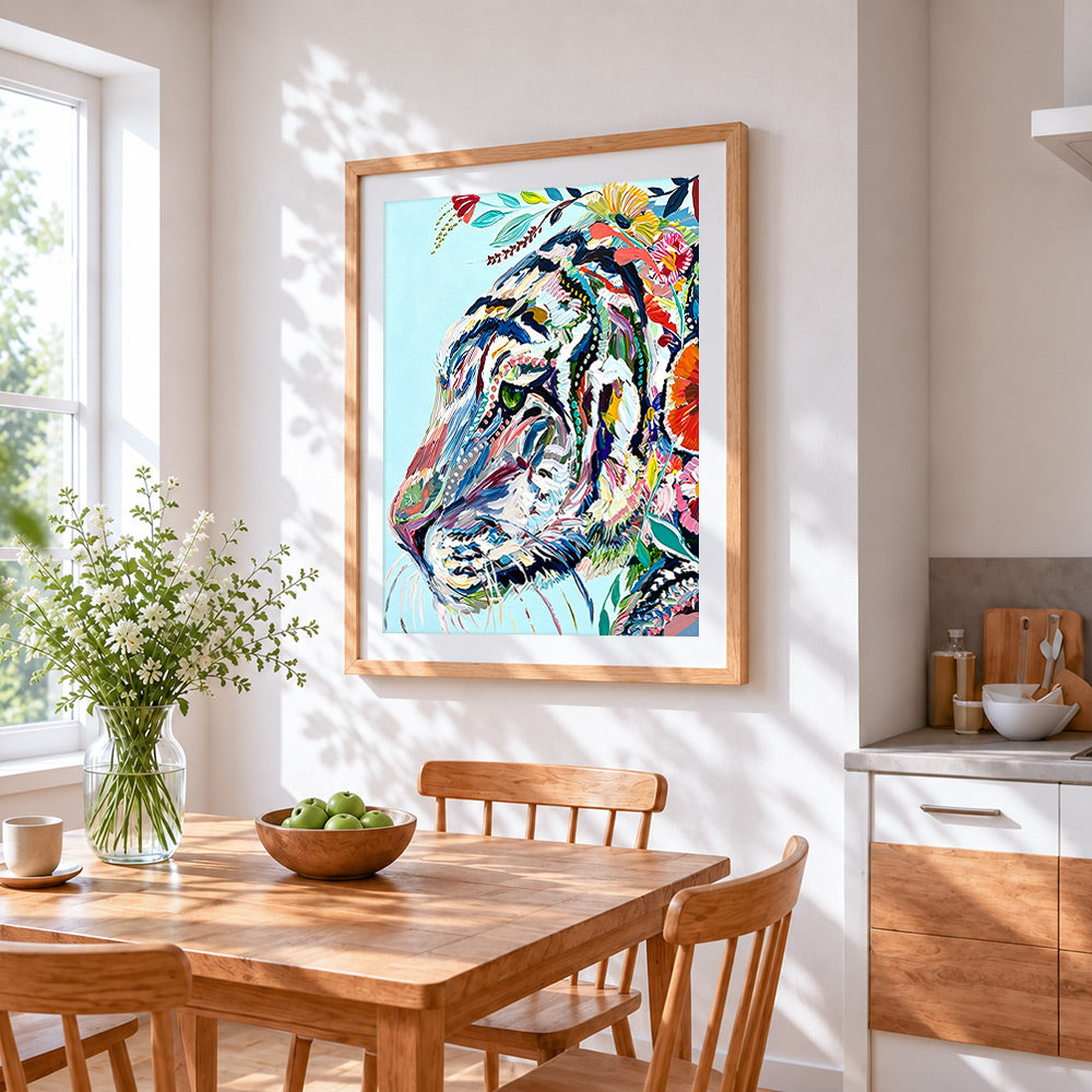 Abstract floral tiger cross stitch artwork displayed on wall as home decor
