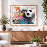 Finished abstract football cross stitch artwork displayed