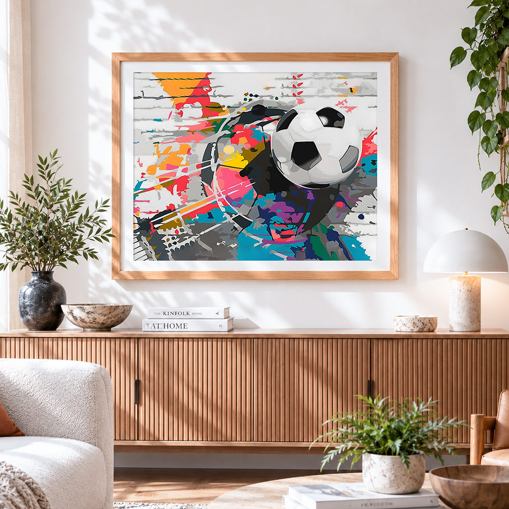 Finished abstract football paint by numbers artwork displayed as home decor